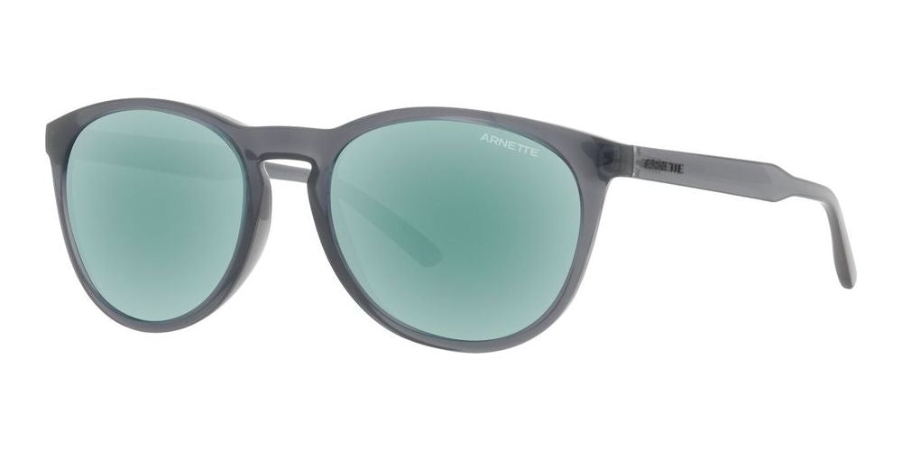 Sleek Gray Frame with Greenish-Blue Tinted Lenses