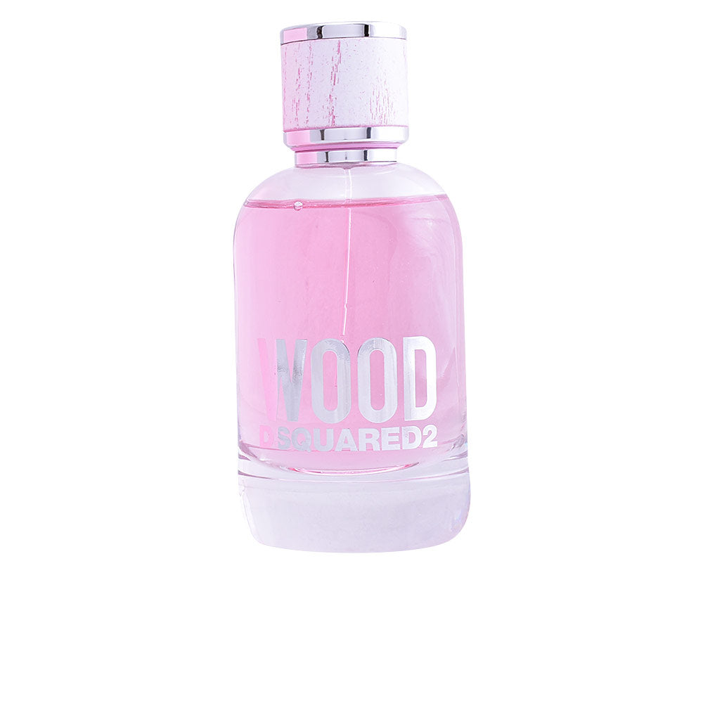 Clear glass perfume bottle, woody floral label, 100 ml presentation