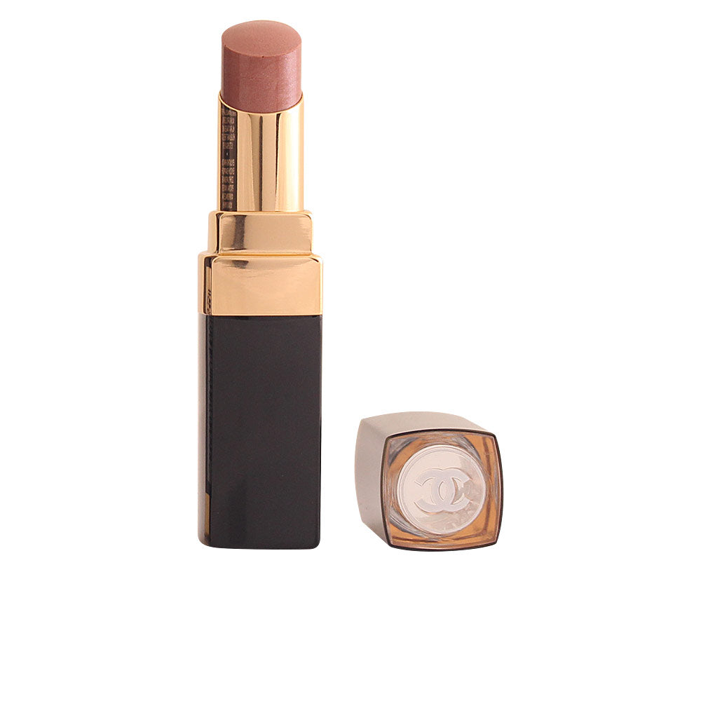Creamy sheer-gloss lipstick in warm brown, glossy finish, compact bullet