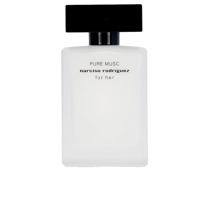 Opaque white 50 ml perfume bottle, minimalist label, floral-woody fragrance