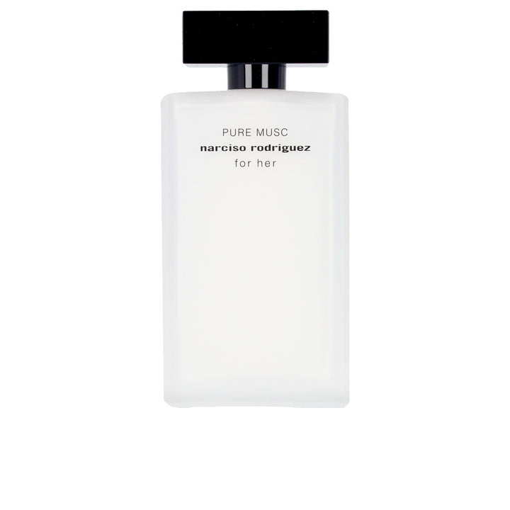 White 100 ml eau de parfum bottle with minimalist black lettering, floral–woody fragrance