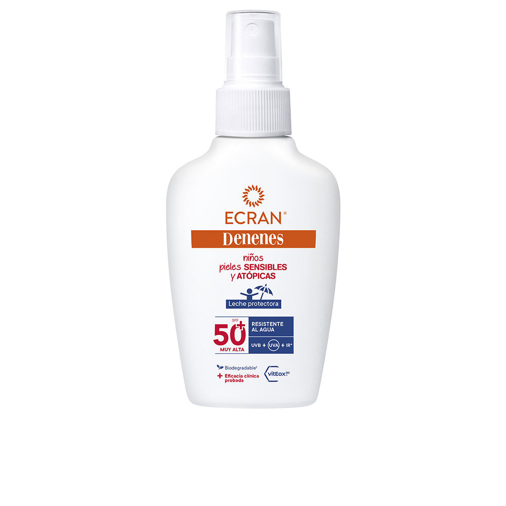 White spray bottle of Ecran Denenes SPF50+ baby protective milk, gentle sun care