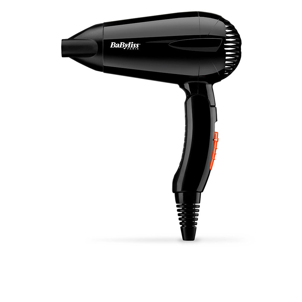 Compact foldable travel hair dryer with short barrel and hinged handle, European plug noted