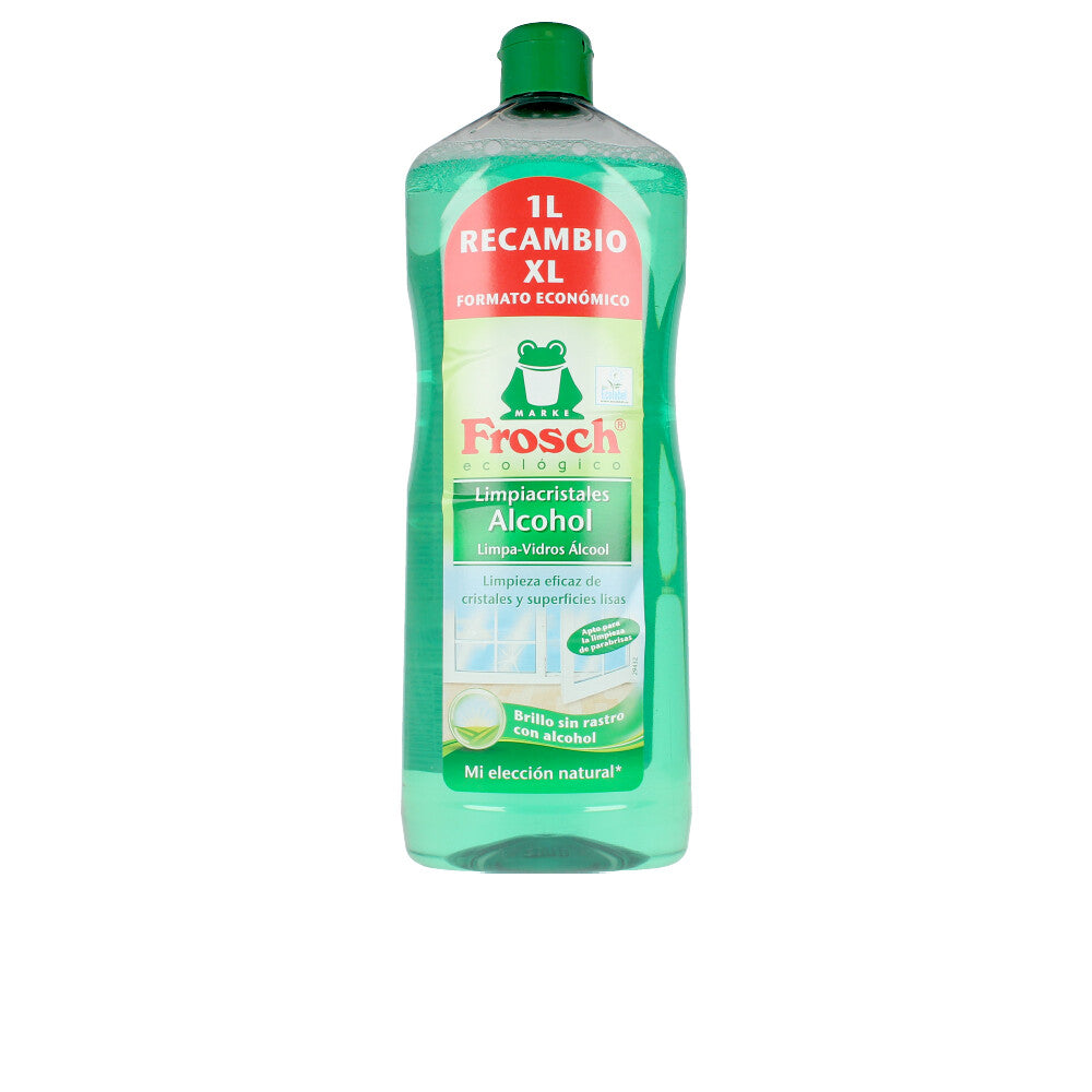 Bottle of Frosch Ecological Alcohol Glass Cleaner on a neutral background, labelled recyclable