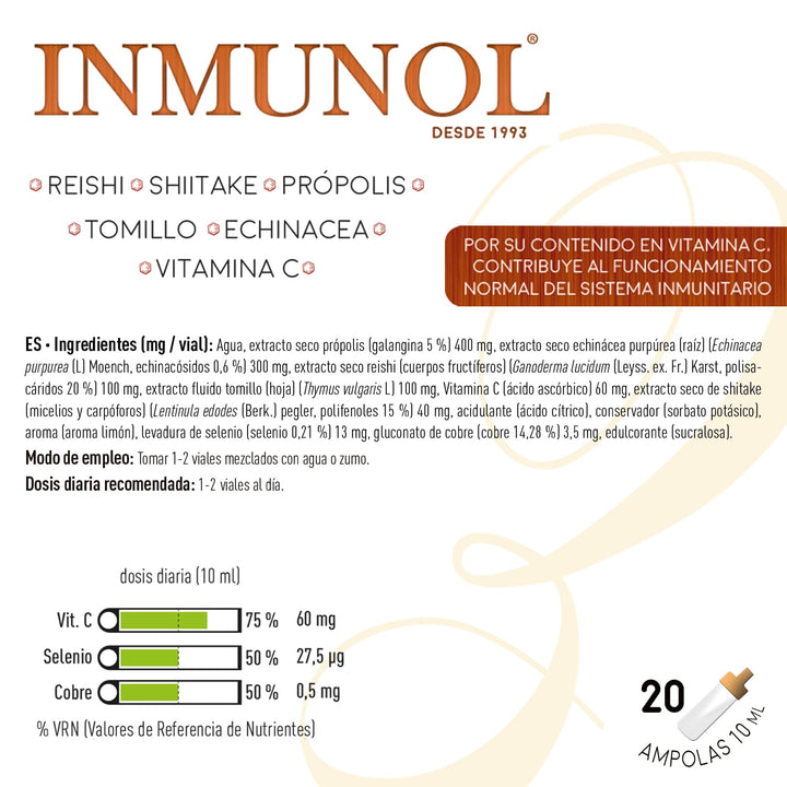 Box of 20 small glass immune support vials with lemon aroma and herbal extracts