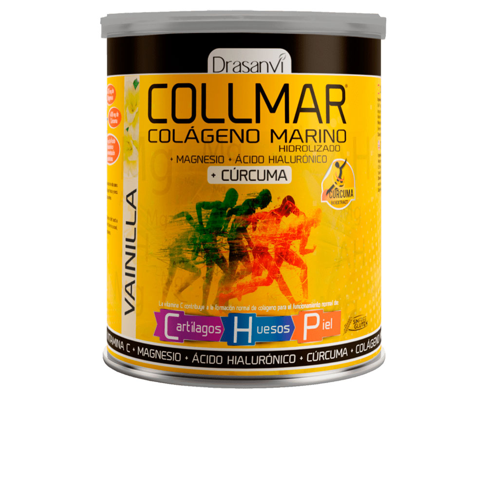 Jar of vanilla marine collagen powder with vitamin C, magnesium, and turmeric — crafted by Drasanvi.