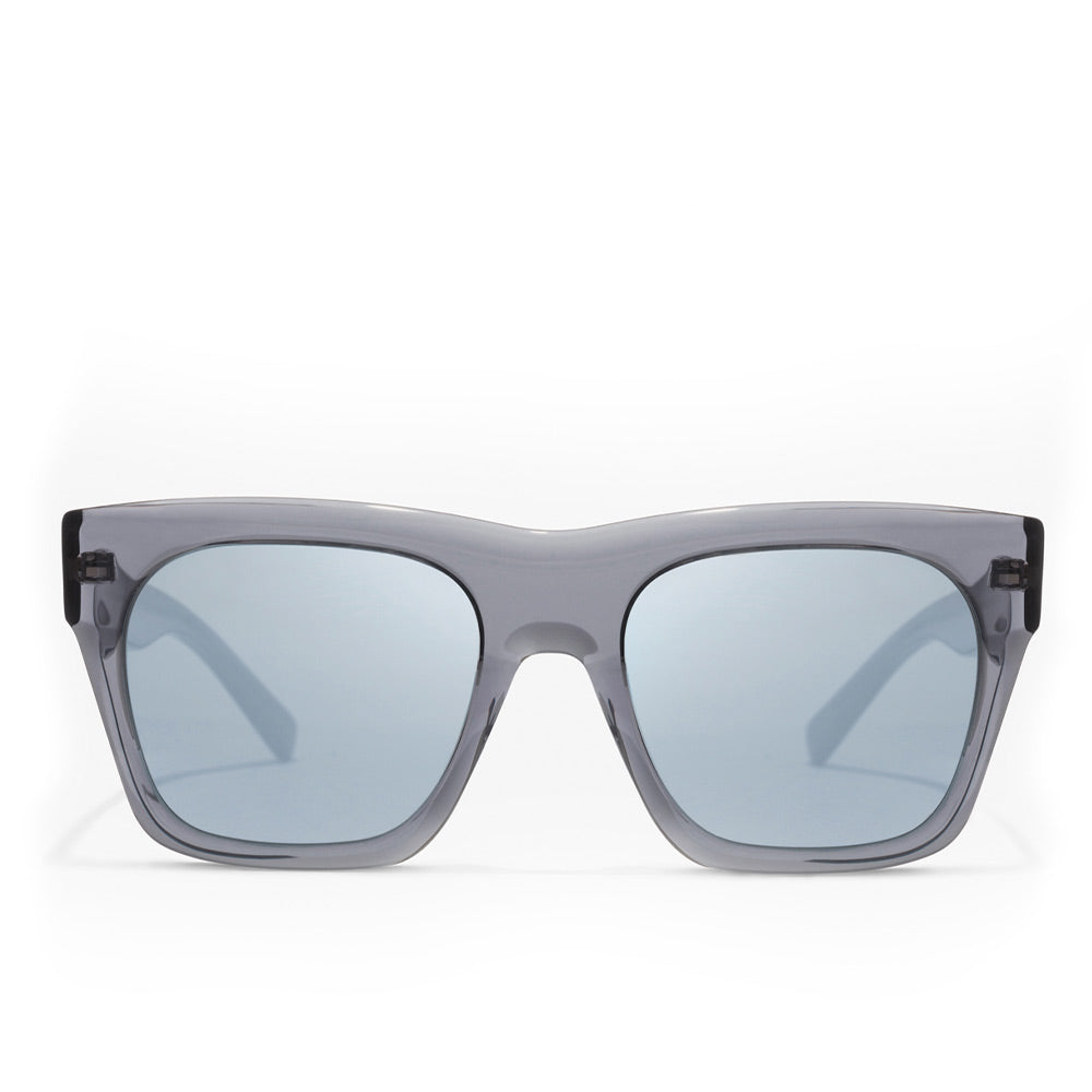 Unisex oversize square sunglasses in grey-blue chrome acetate with rounded bezel
