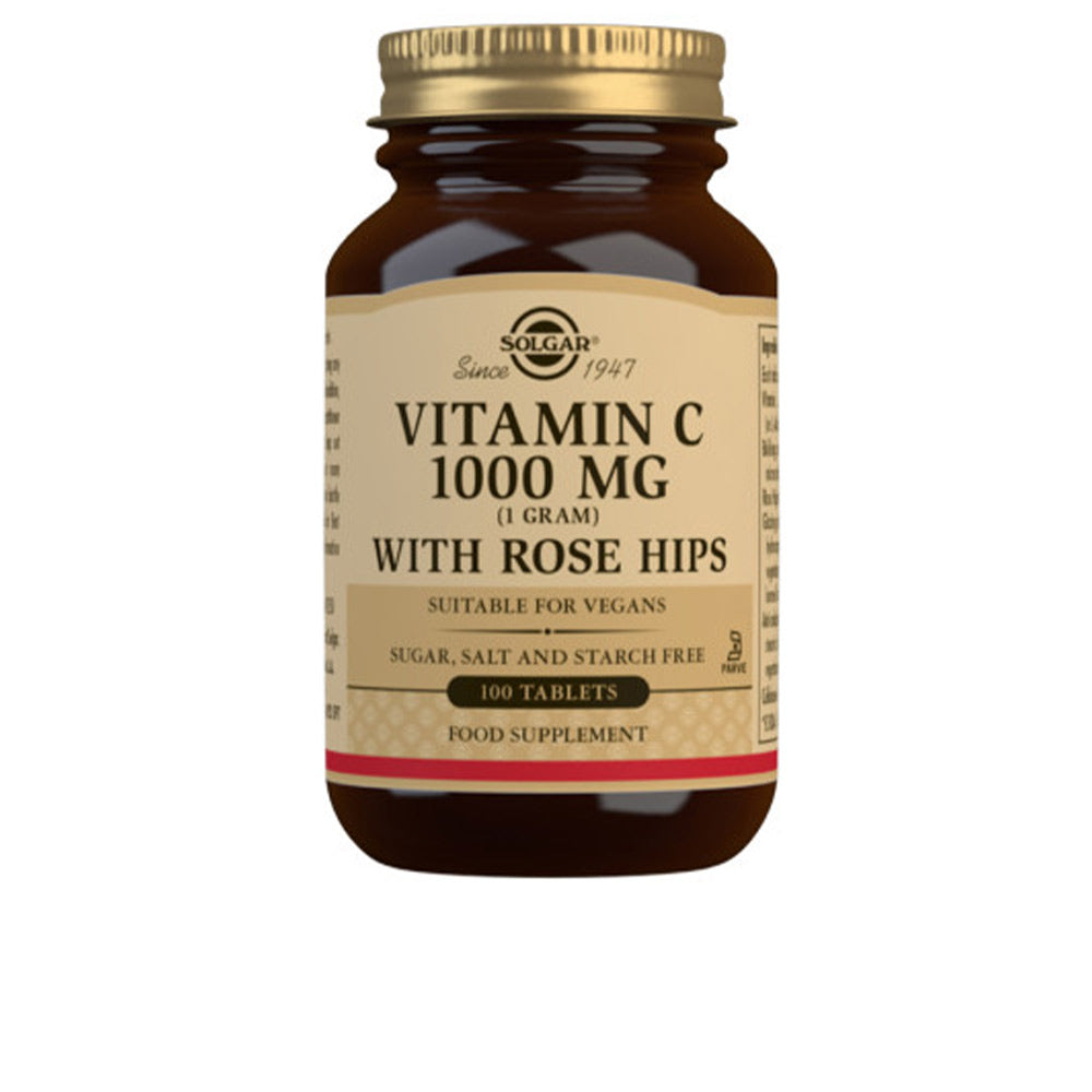 Bottle of rosehip vitamin C 1000 mg capsules, 100 units, sugar‑free, vegan