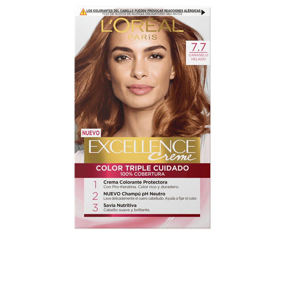 Tube of caramel 7.7 permanent cream hair colour with developer, 192 ml