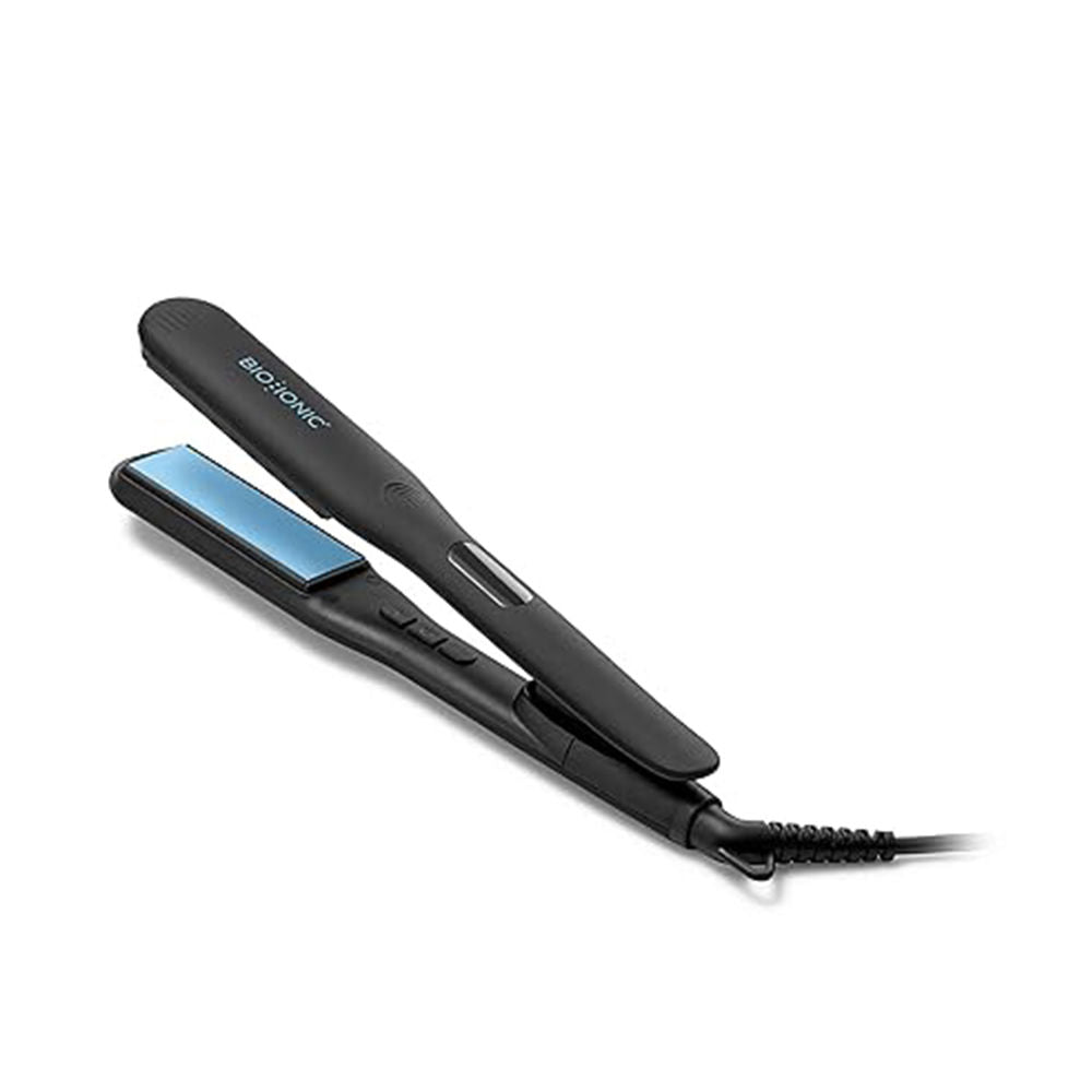 Slim styling iron with silicone strip plates and sleek black body, EU plug
