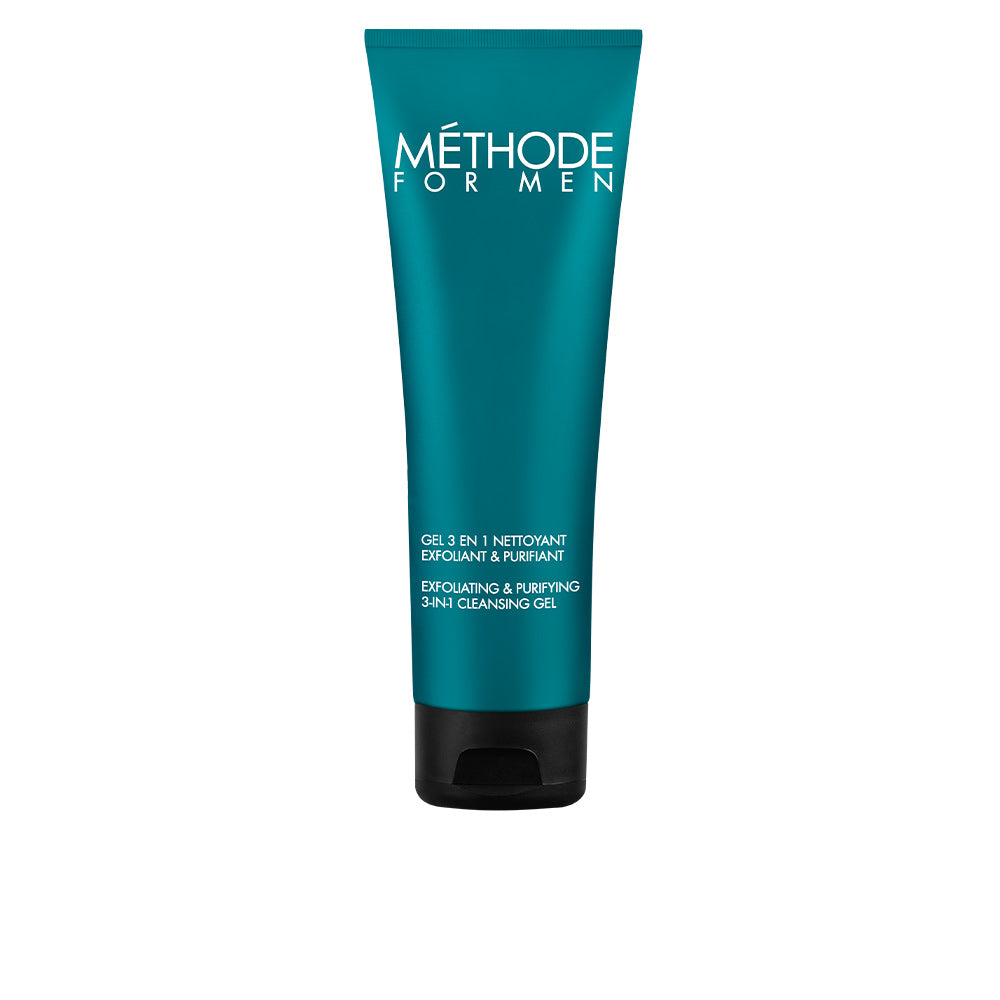 Blue 3-in-1 gel with exfoliating beads in 125 ml tube, unisex cleanser