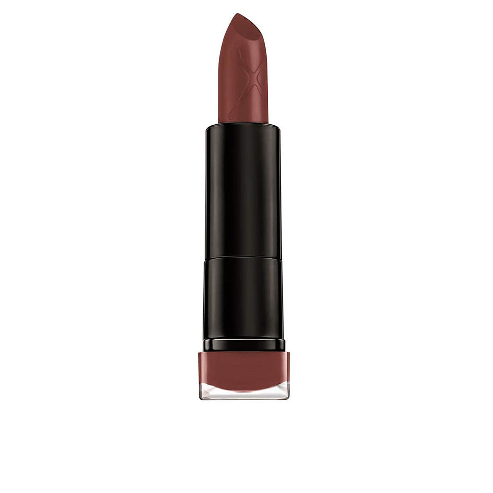 Matte bullet lipstick in dusky rose shade with angled tip, 28 g packaging visible