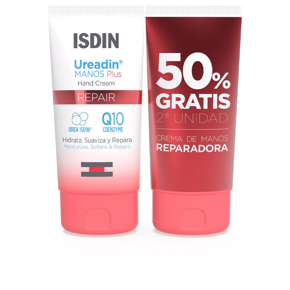 Isdin White, red, and pink plastic tube with flip-top cap, modern clean hand cream packaging