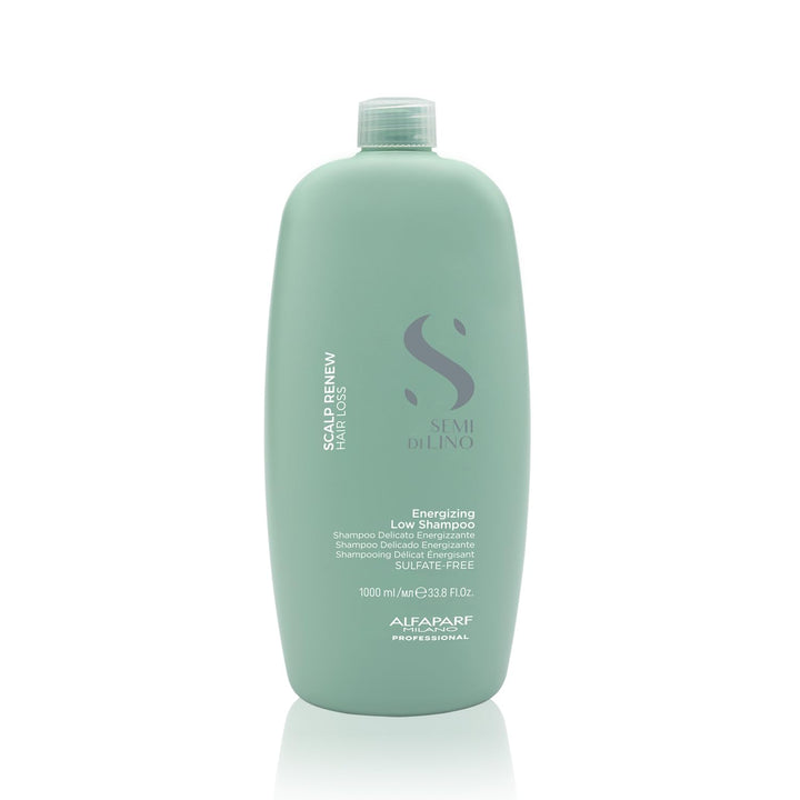 Tall 1000 ml bottle of energising shampoo, mint-scented scalp treatment