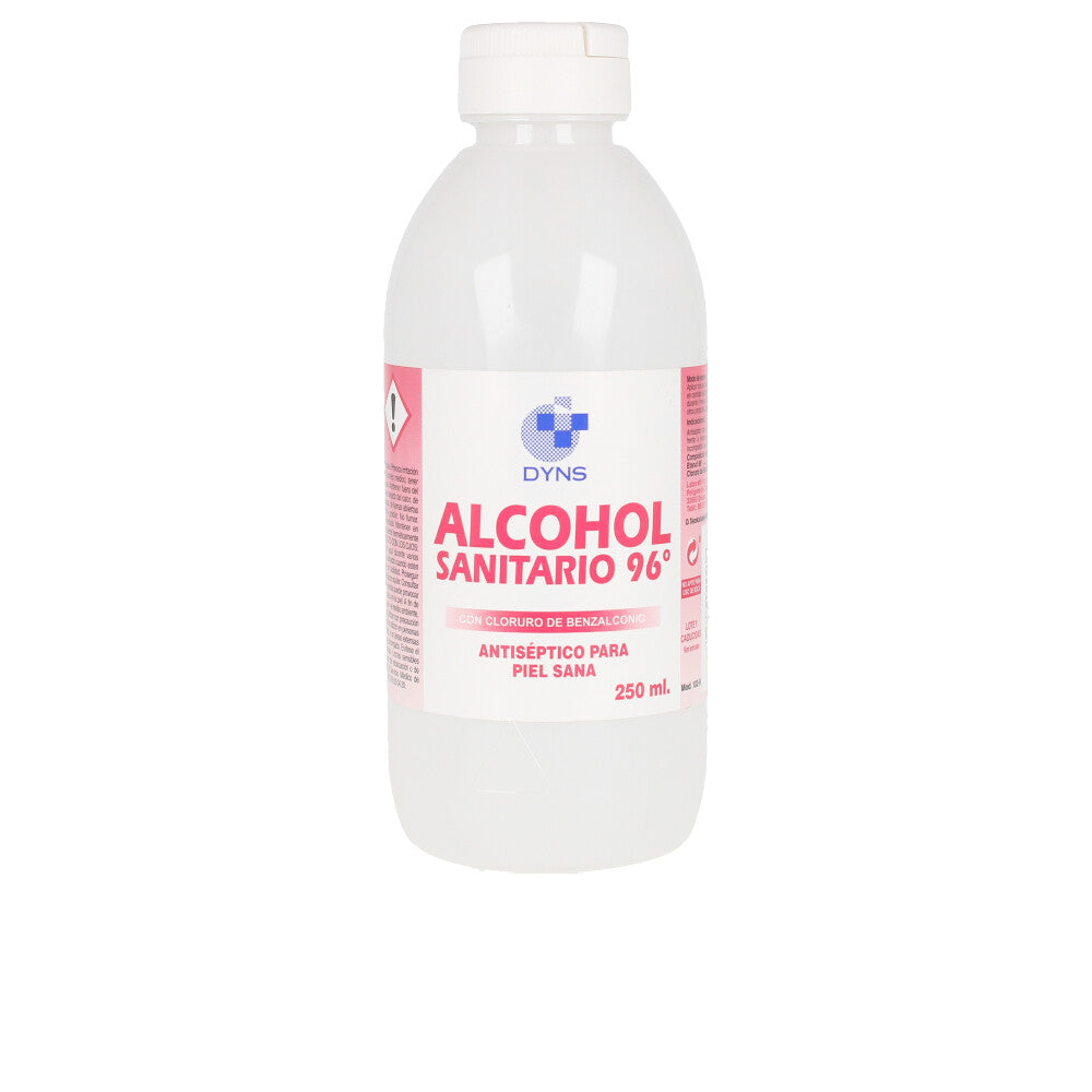 Dyns Plastic white bottle with pink and red label, screw cap, warning symbol, simple clinical design