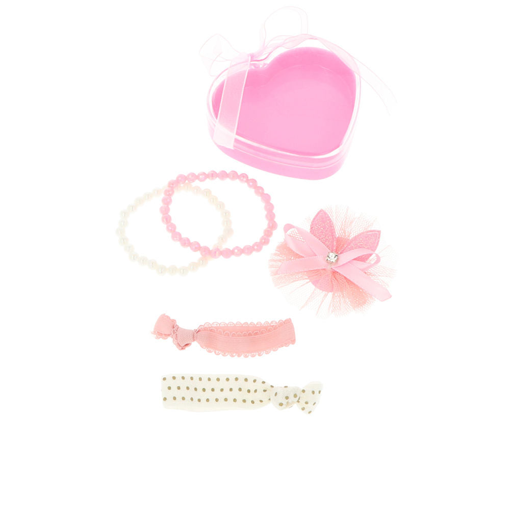 Inca Heart-shaped pink and white box holding beaded plastic bracelets, polka-dot fabric bows, tulle clip