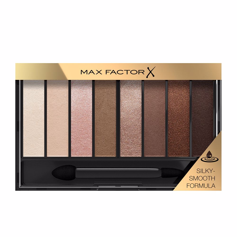 Compact 8‑shade cappuccino nude eyeshadow palette with dual applicator