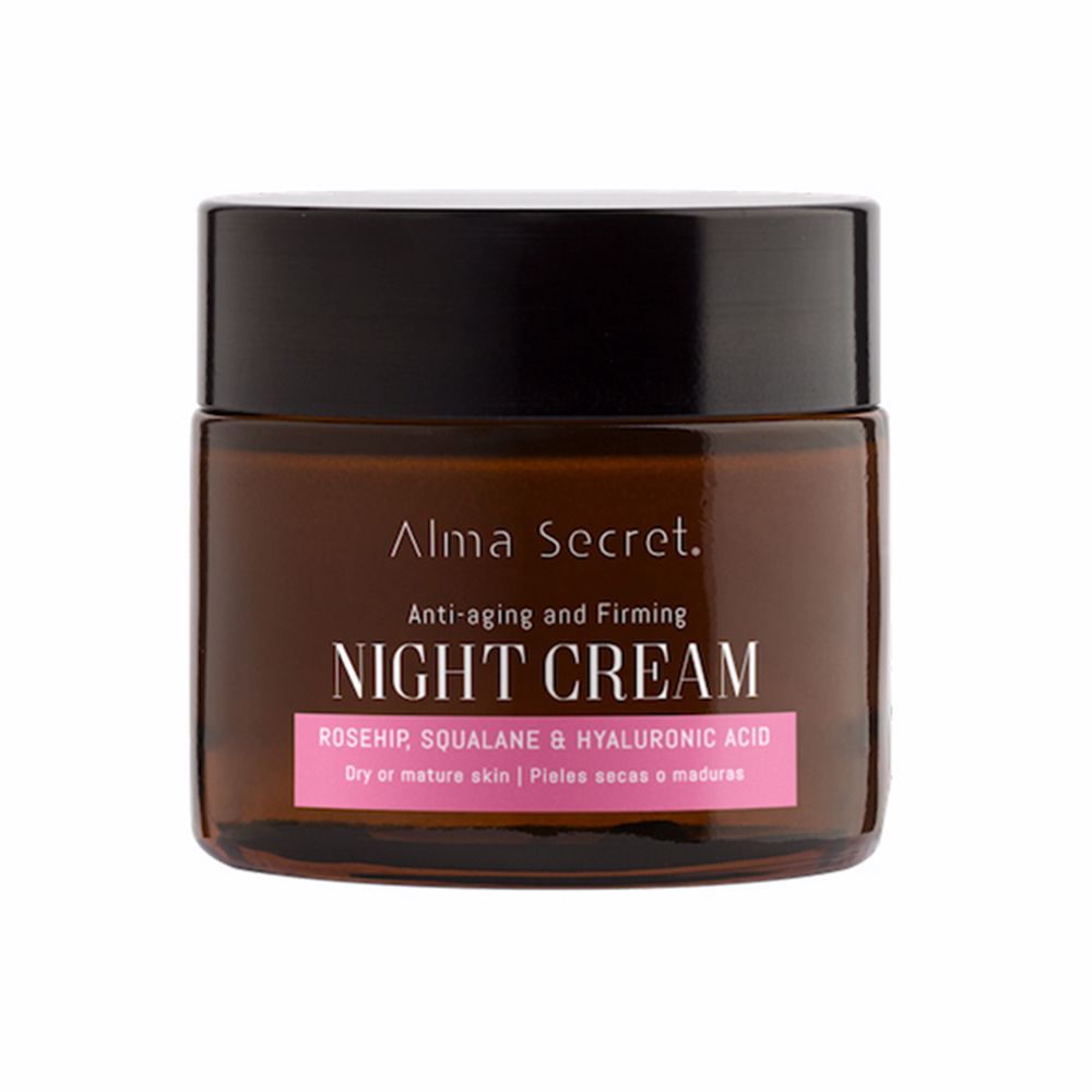 50 ml glass jar of rich night cream, botanical ingredients highlighted