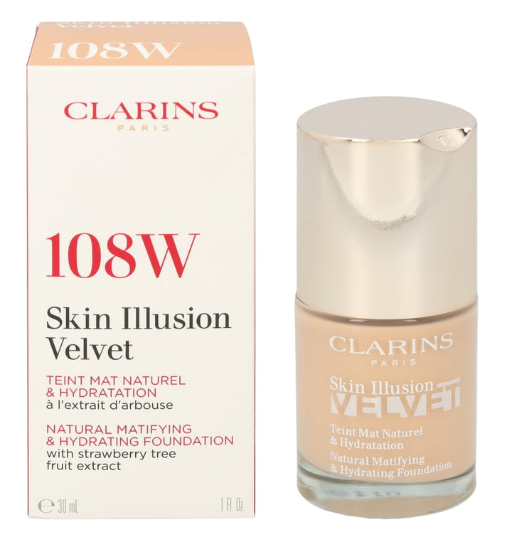 30 ml velvet-matte serum foundation bottle, shade 108W, lightweight finish