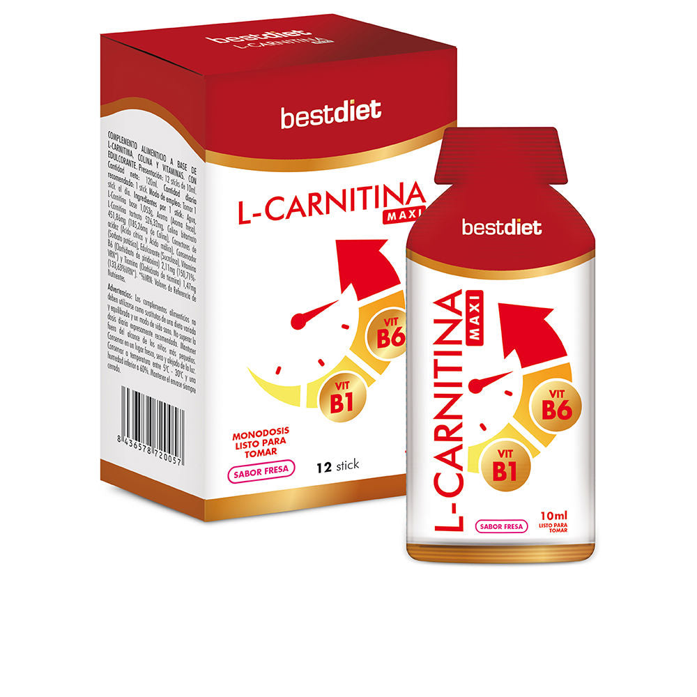 Box and bottle of strawberry liquid L‑carnitine 12 sticks, white and red packaging
