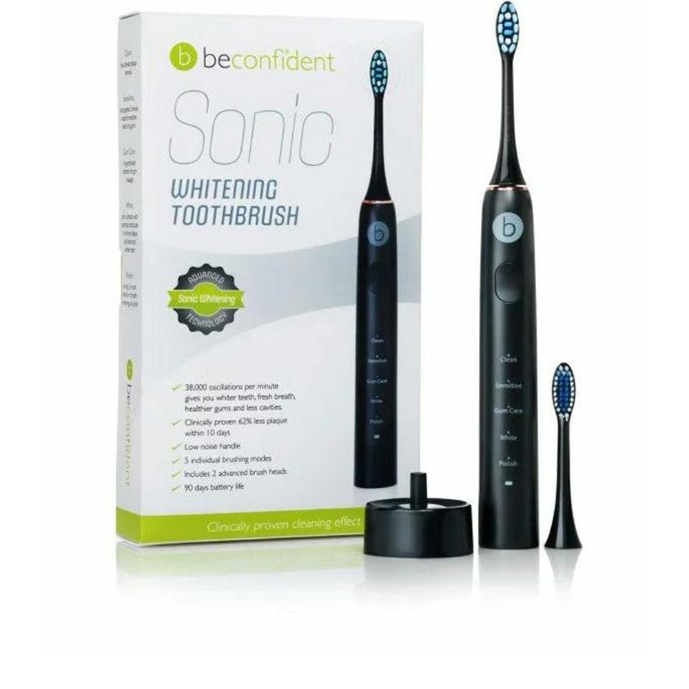 Black and blush sonic electric toothbrush with dual brush heads and travelling handle