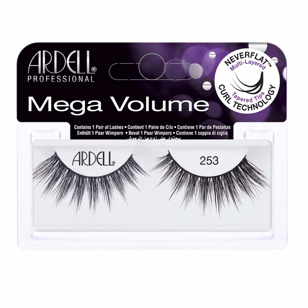 Pair of lightweight cluster false eyelashes on curved display tray, flexible black band