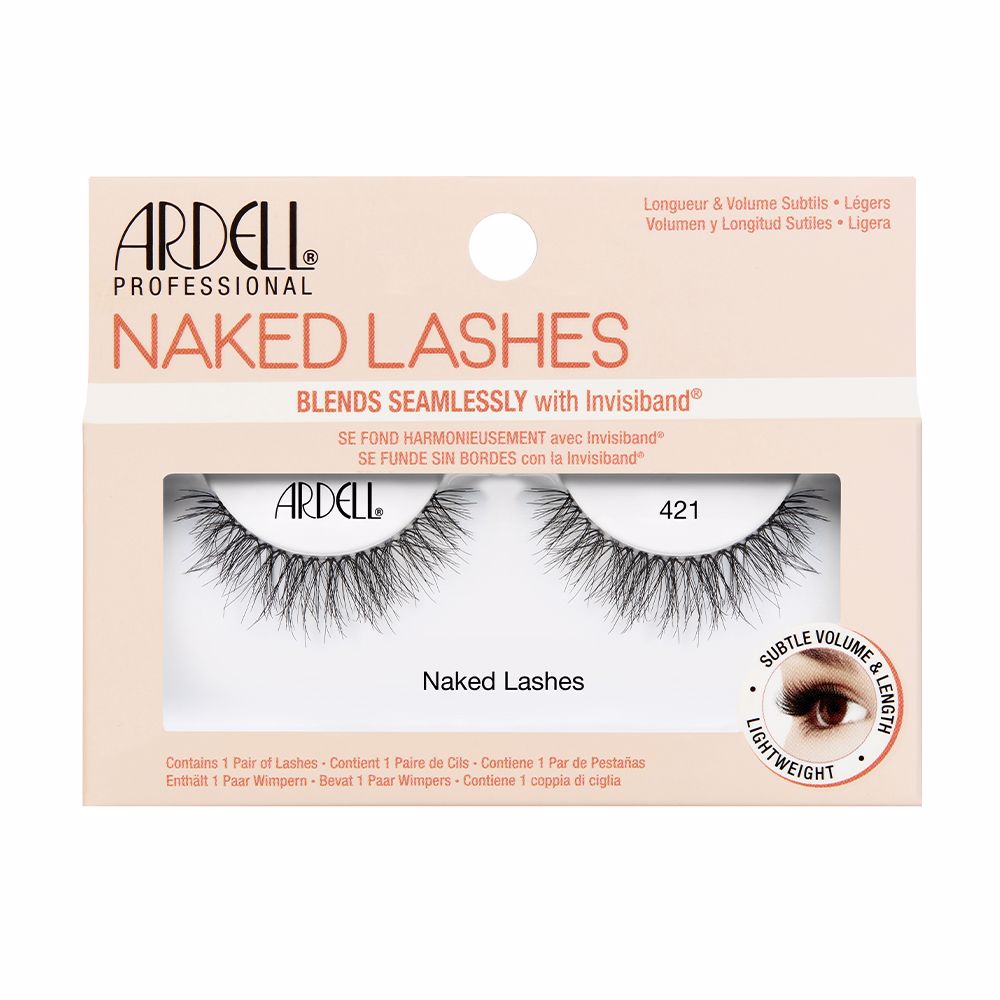 Short, natural-look false eyelashes on a clear cotton band, single pair in packaging