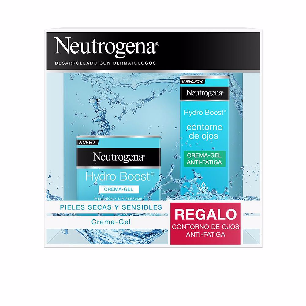 Neutrogena jar and tube of blue Hydro Boost gel-cream with water-splash imagery, clean clinical styling.