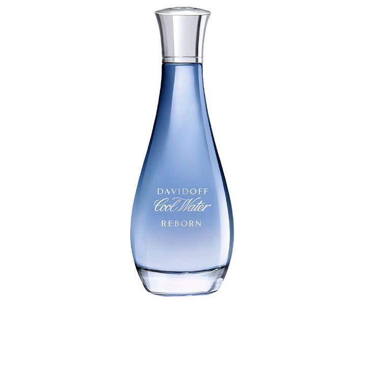 Clear 100 ml perfume bottle with ocean-inspired blue tint and silver cap.
