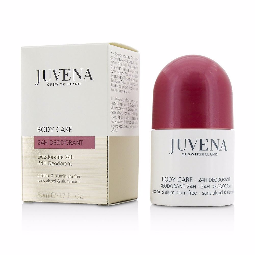 Juvena 24h roll-on deodorant bottle, aluminum‑free, subtle Mediterranean scent