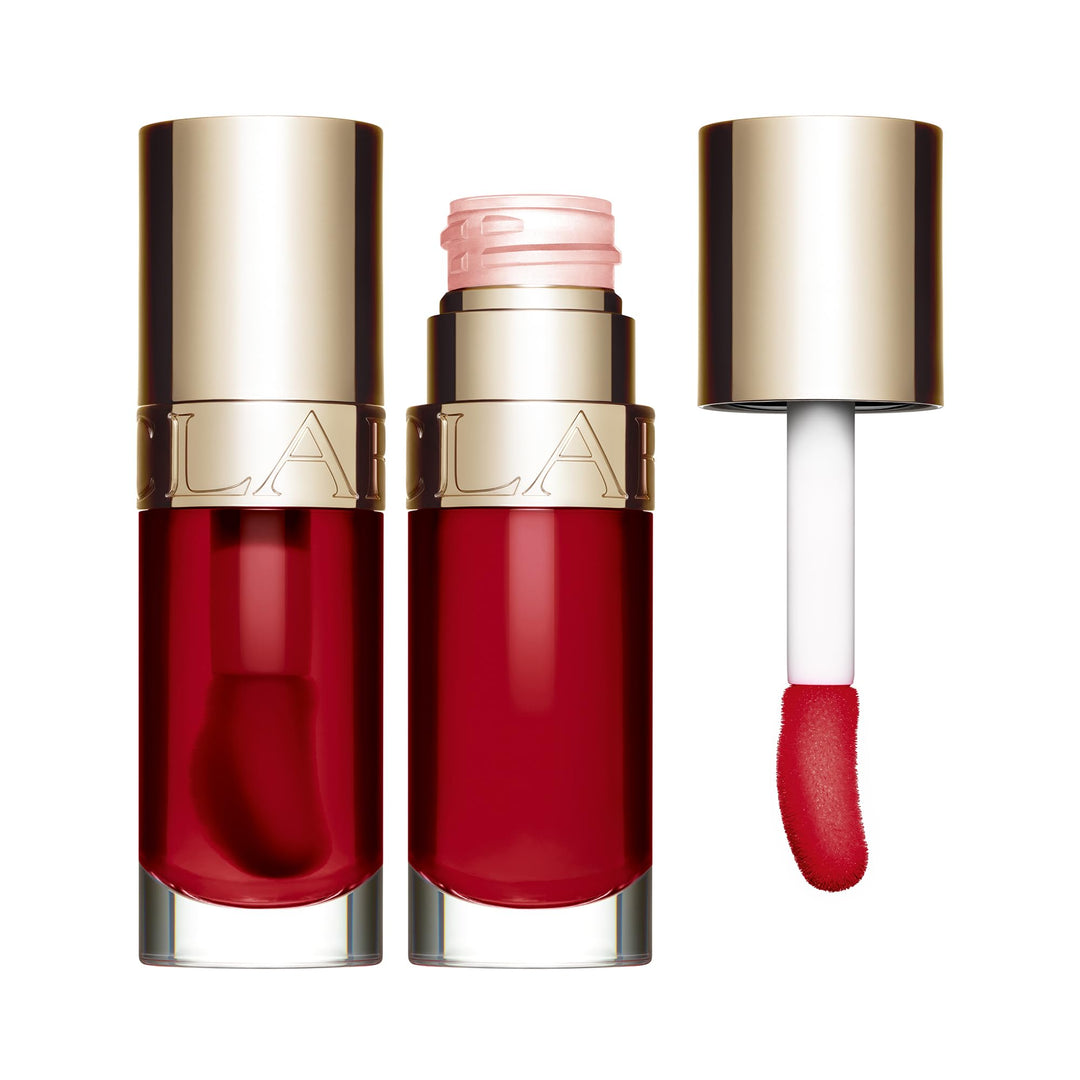 7 ml tinted rosehip lip oil in cherry shade, clear glossy finish