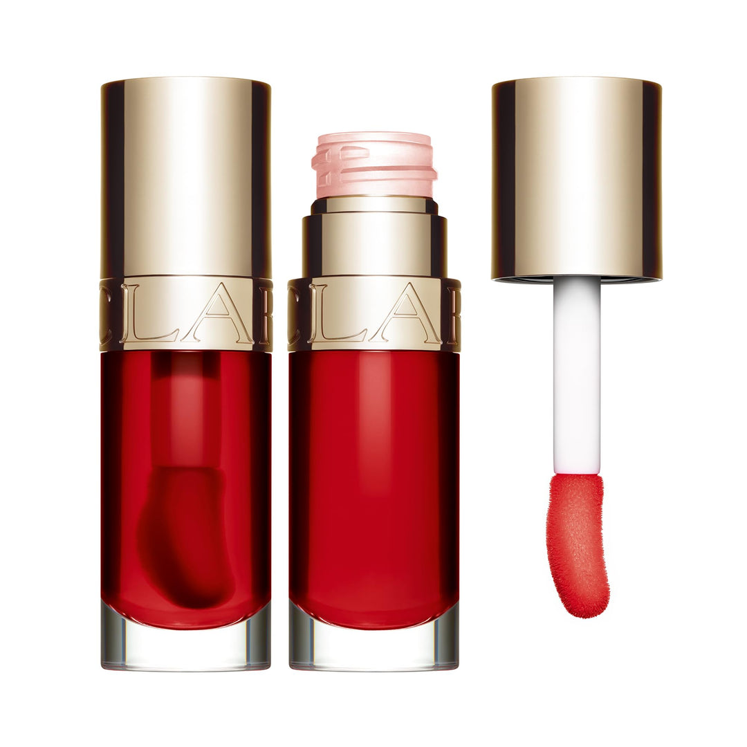 7 ml sheer strawberry-tinted lip oil in clear tube, glossy finish