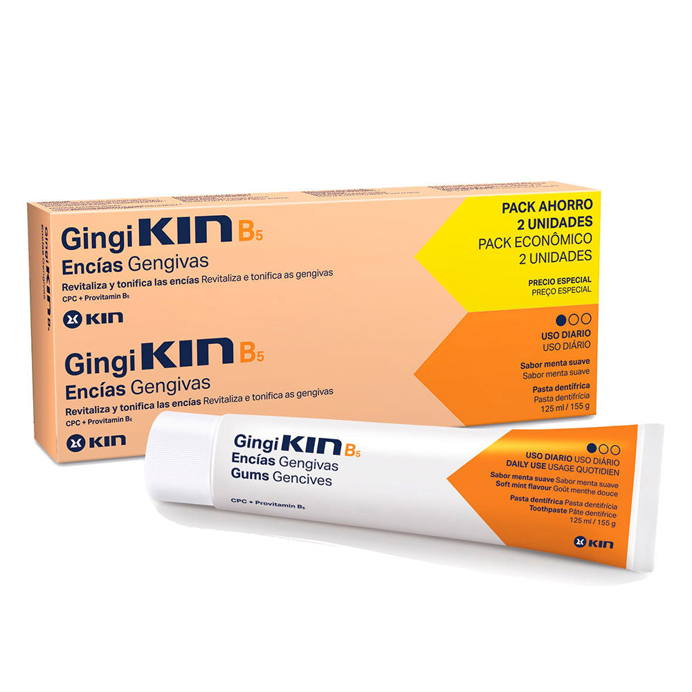 Kin Peach, white, yellow and orange twin toothpaste tubes with cardboard box, clean modern packaging