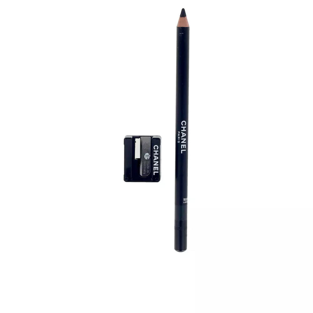 Chanel black wood eyeliner pencil with sharpened tip, visible logo and included metal sharpener