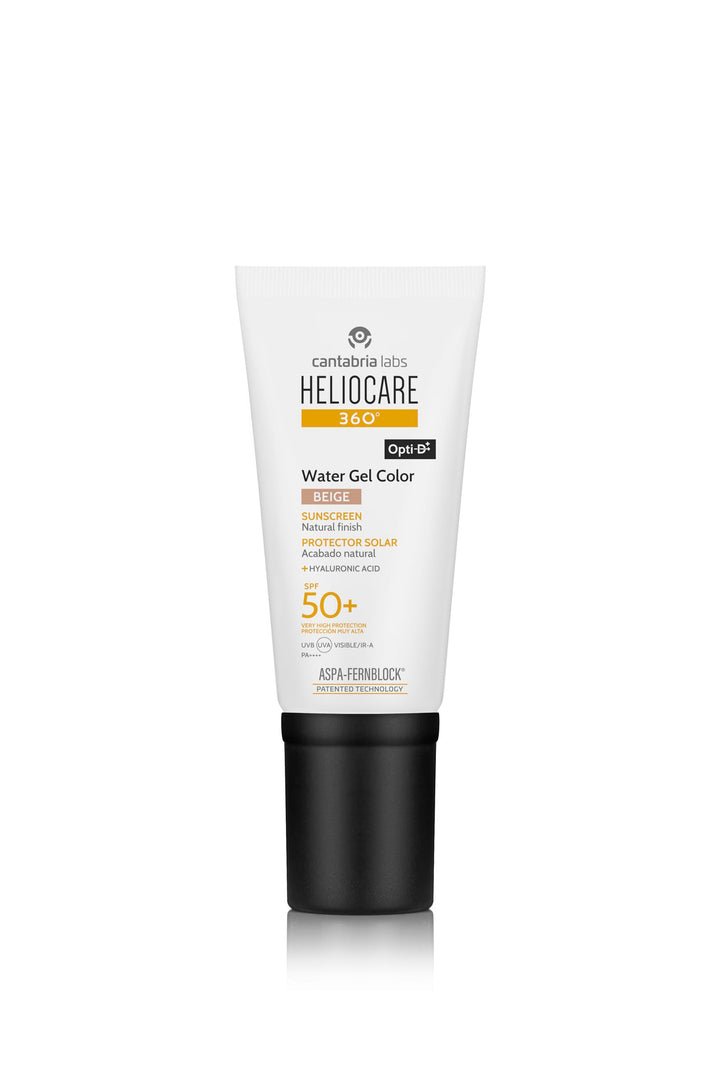 50 ml beige tinted water-gel sunscreen bottle, lightweight gel texture