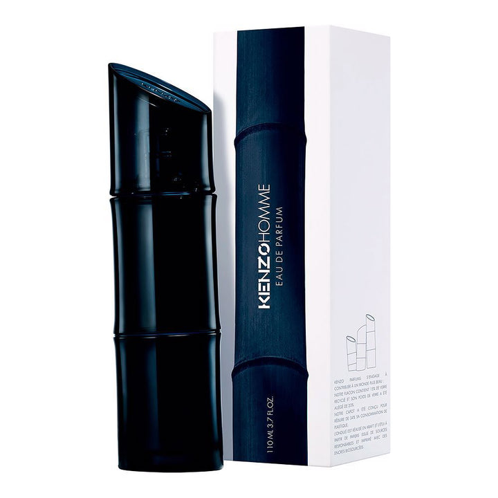 Dark glass 110 ml perfume bottle with blue reflections and bevelled cap, leather-marine scent