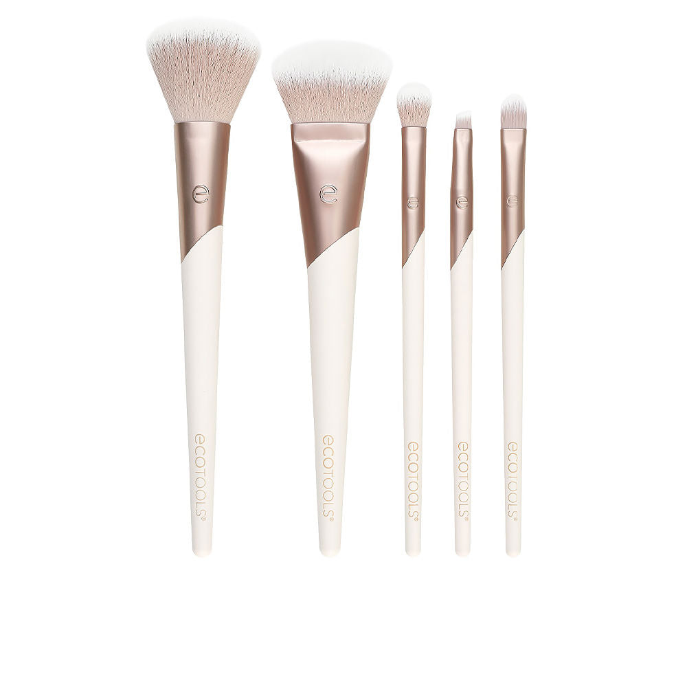 Ecotools Five white-handled eye brushes with synthetic white-tipped bristles and rose-gold ferrules, modern sleek shapes
