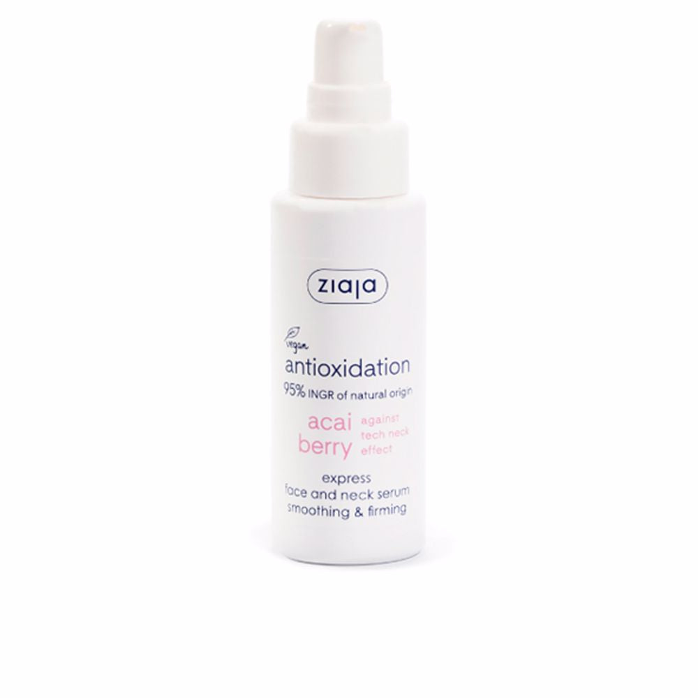Clear pump bottle of lightweight açaí hydrating serum for face and neck, 50 ml