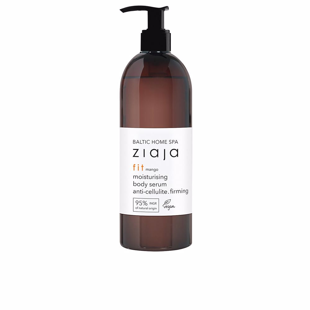 400 ml mango‑scented firming body serum in clear bottle, lightweight gel‑oil