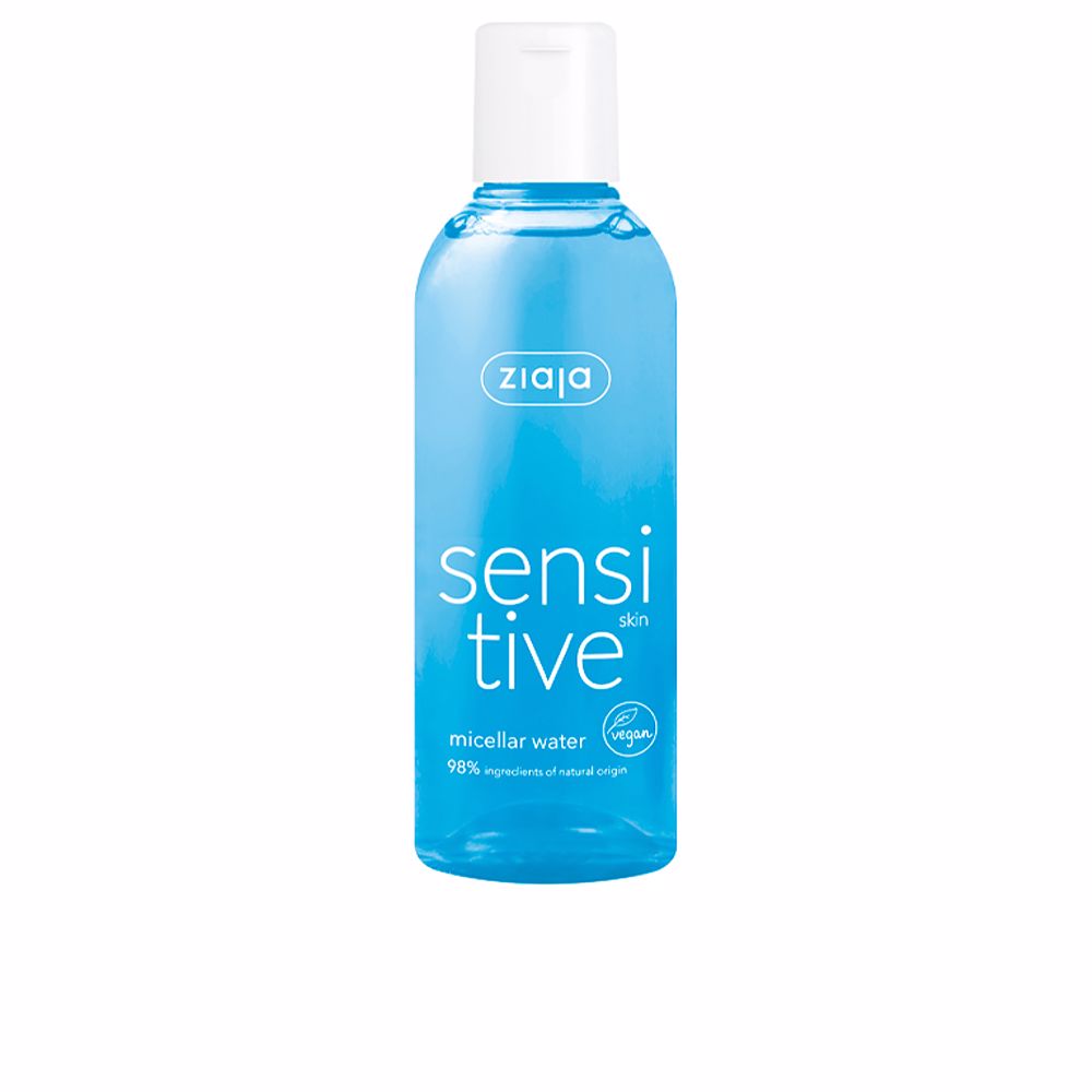 Clear 200 ml micellar cleansing water bottle for sensitive skin, labelled vegan