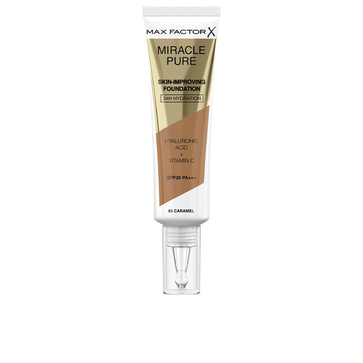 30 ml tinted foundation bottle, shade 85‑Caramel, SPF30, medium finish