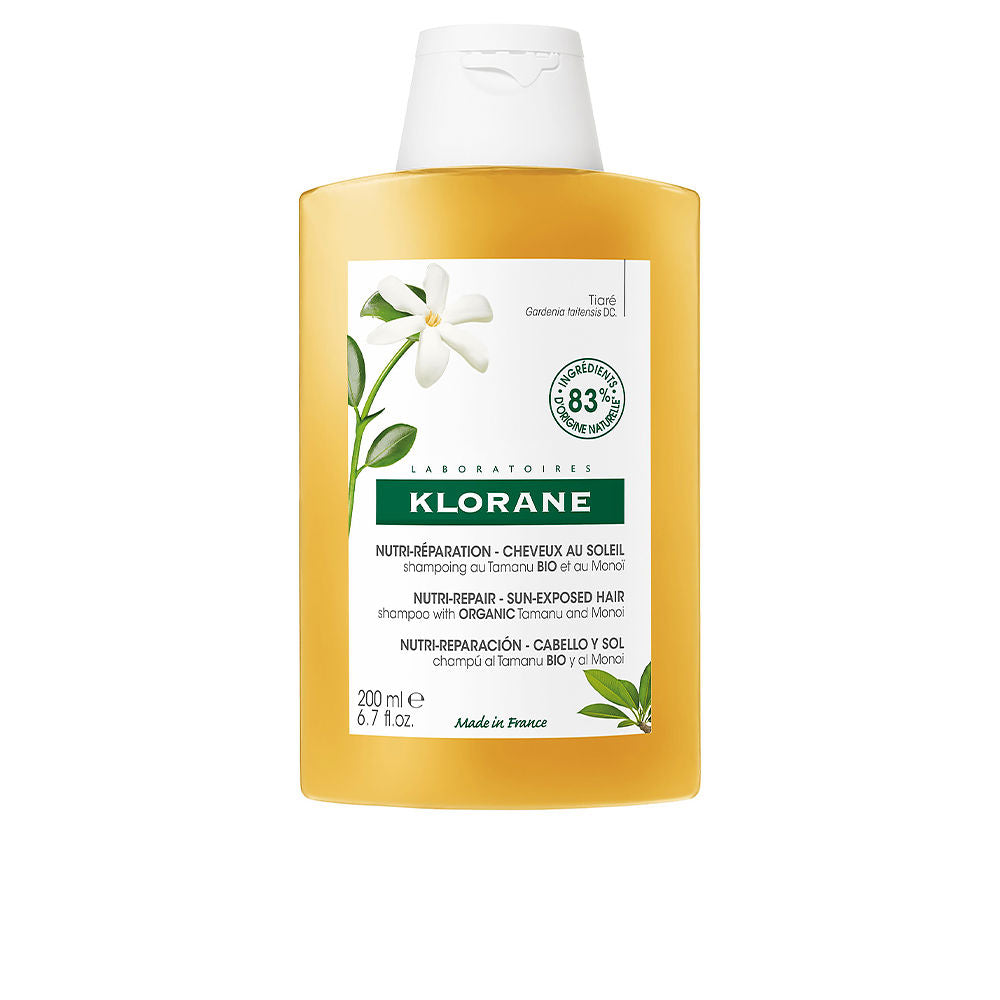 200 ml bottle of Monoi &amp; Tamanu nourishing shampoo, floral label, Unisex hair care