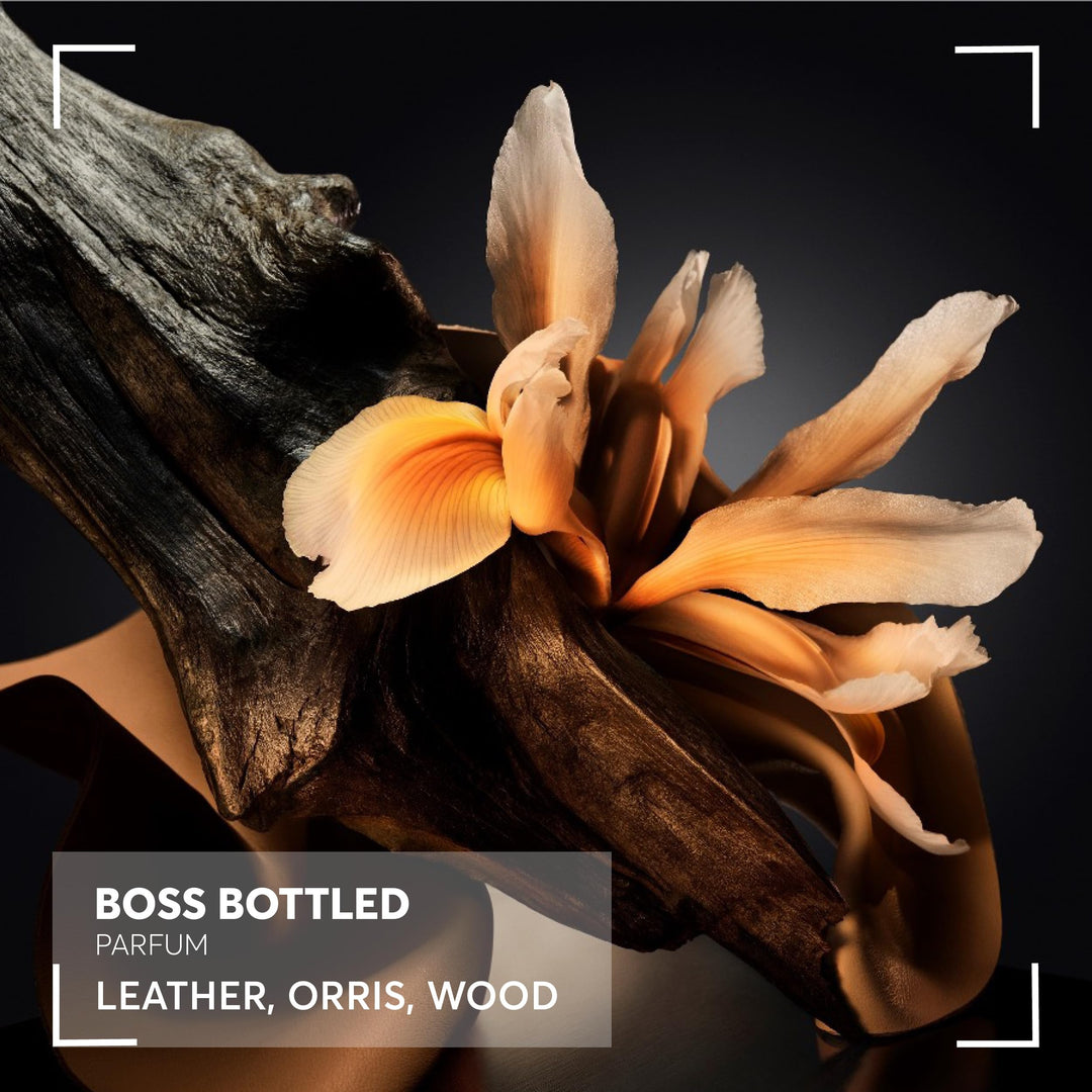 50 ml clear bottle of woody amber eau de parfum for the Man, amber liquid