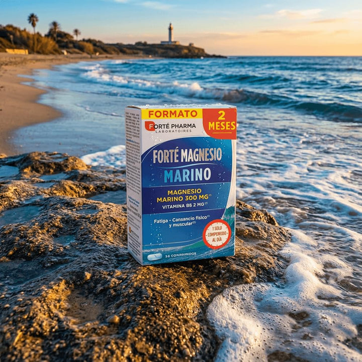 Forté Pharma Rectangular cardboard box with blue-gradient ocean background, text-heavy white panel, red circular badge, blue pill image