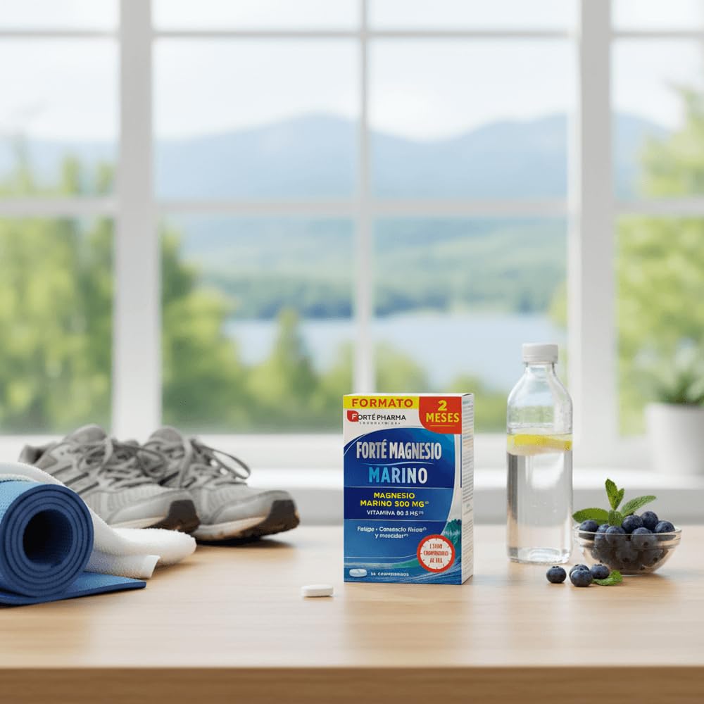 Forté Pharma Rectangular cardboard box with blue-gradient ocean background, text-heavy white panel, red circular badge, blue pill image