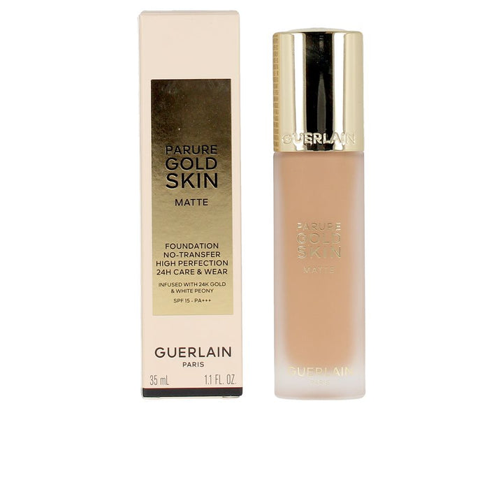 35 ml matte liquid foundation bottle in shade 4N, 24K gold accents