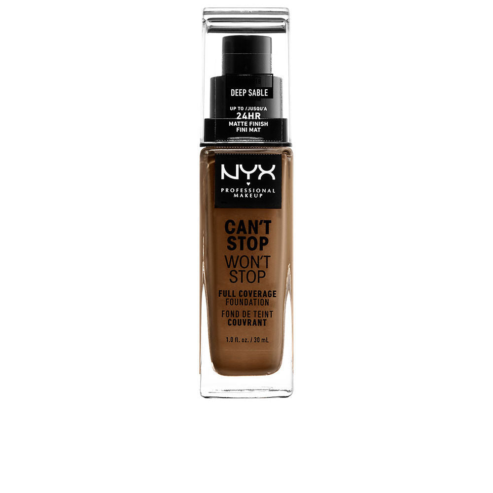 30 ml glass bottle of deep sable matte liquid foundation, pump applicator visible