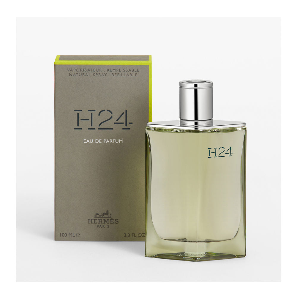 Moss-green lacquered refillable glass bottle, 100 ml, grey recycled-paper case