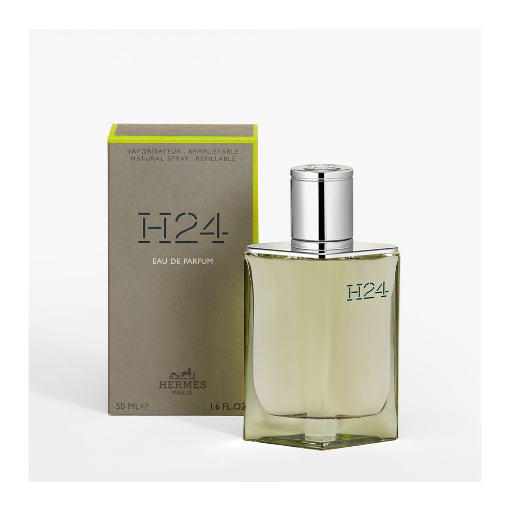 Moss-green lacquered refillable glass bottle, 100 ml, grey recycled-paper case