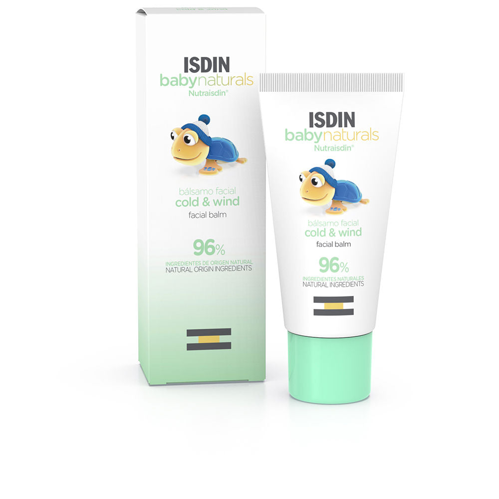 White plastic facial balm tube with screw cap beside colorful box, cartoon turtle with blue hat, Isdin